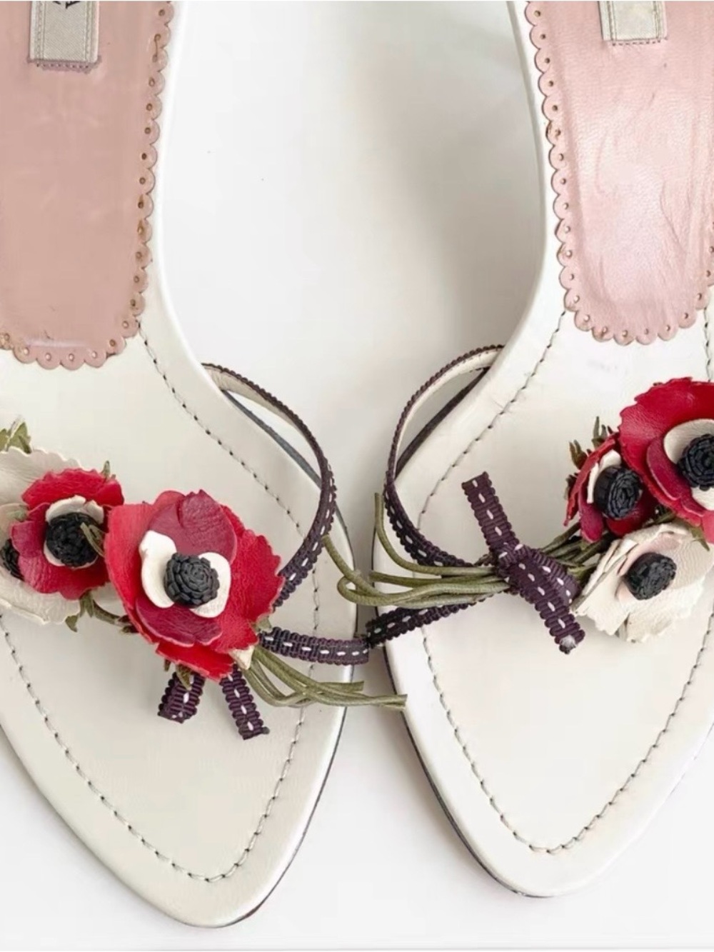 Prada White Leather Floral Appliqué Mules with Red & Cream Flowers - Picture 2 of 5